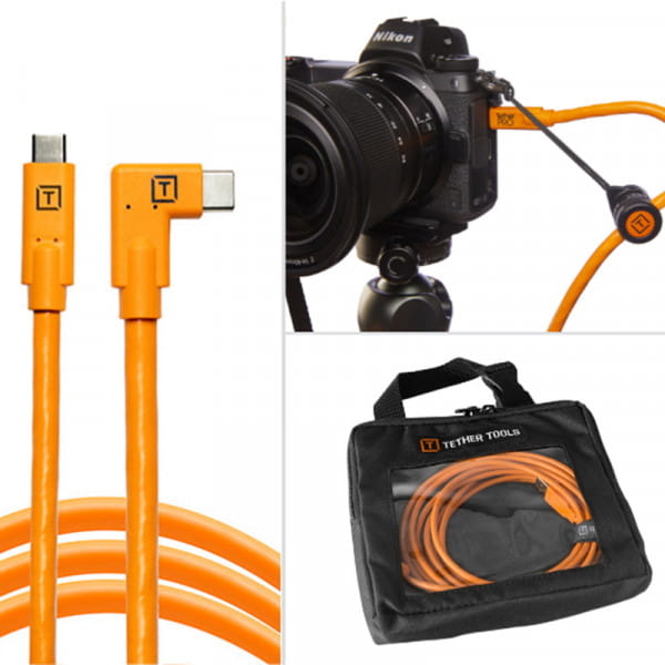 Tether Tools Starter Tethering Kit (USB-C auf USB-C rechtsgewinkelt, 4,6 m, Orange + Zubehör)