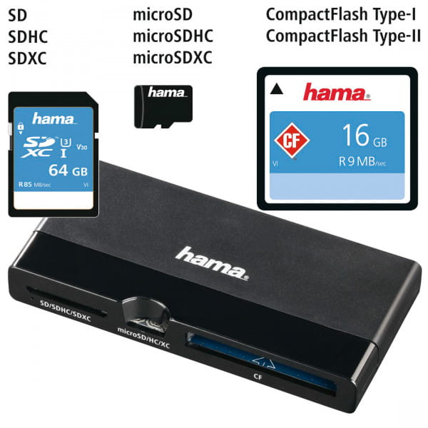 Hama USB-3.0-UHS-II-Multi-Kartenleser, SD/microSD/CF, Schwarz