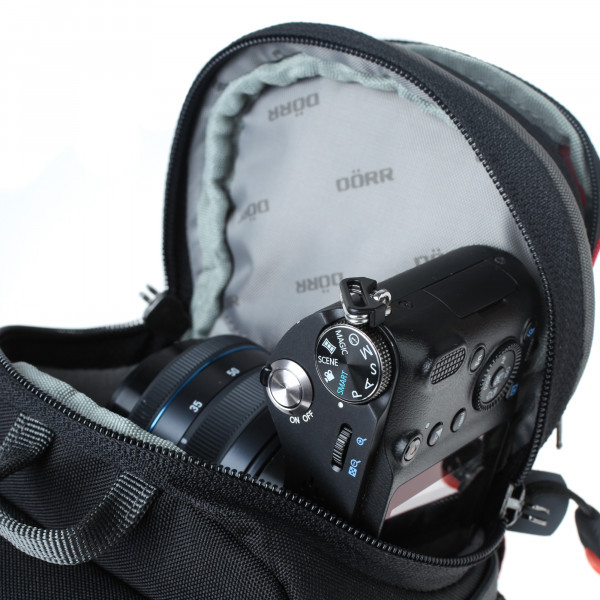 Dörr NoLimit Hüfttasche für 1 spiegellose Systemkamera mit Objektiv und Zubehör (rot/grau)